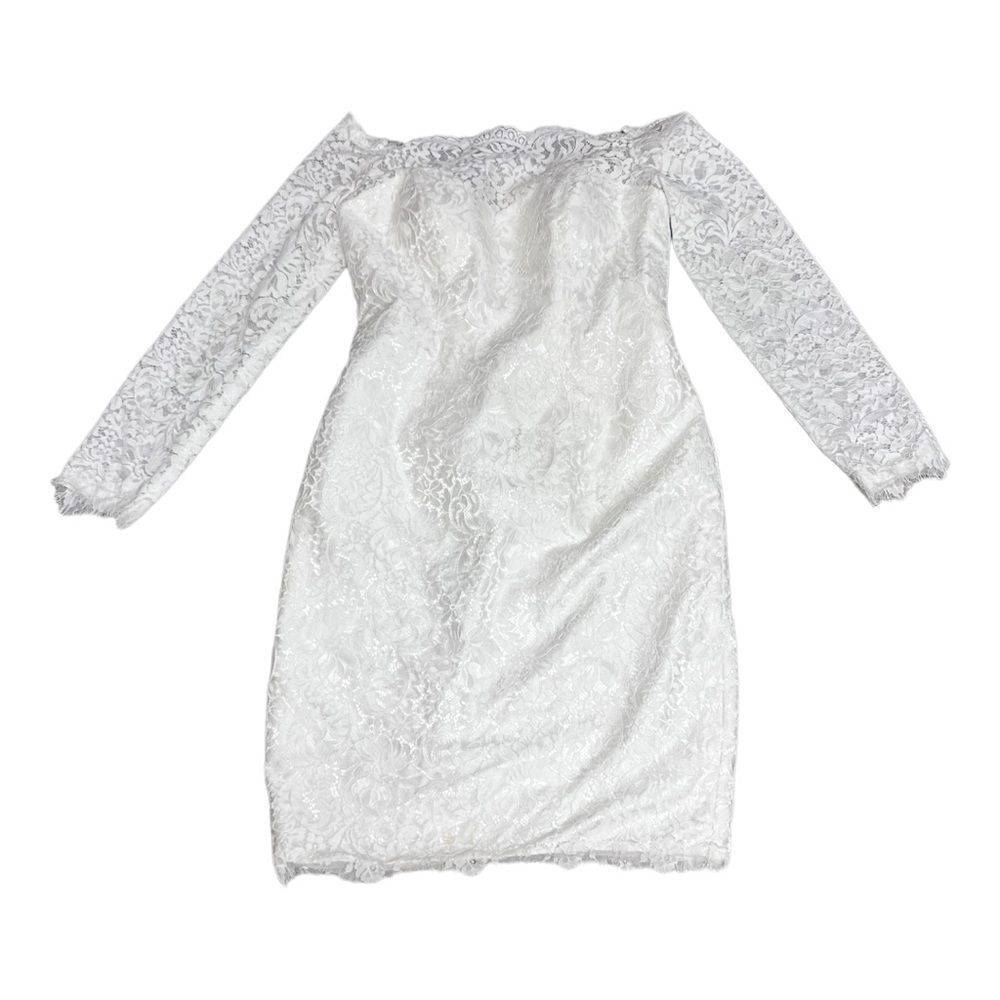 NWT LAN TING wedding/formal white lace of the shoulder mini long sleeve dress